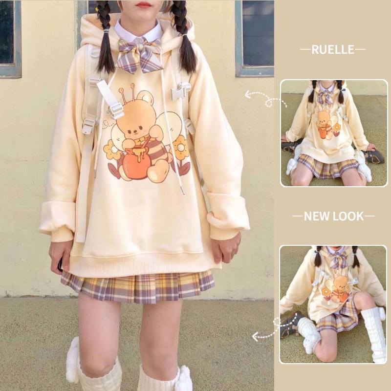 Áo Hoodie Form Rộng In Họa Tiết Gấu Dễ Thương Phong Cách Nhật Bản Cho Nữ Sinh