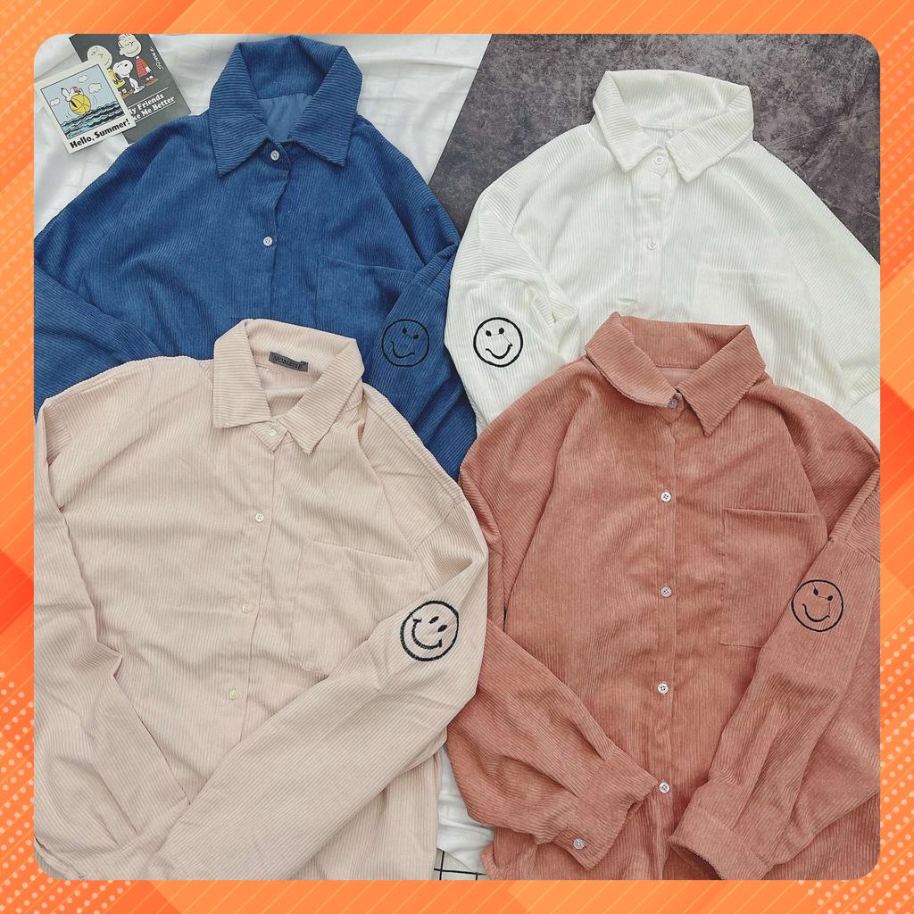 Áo sơ mi nhung tăm thêu smile form rộng unisex 45-70kg ZURAVN