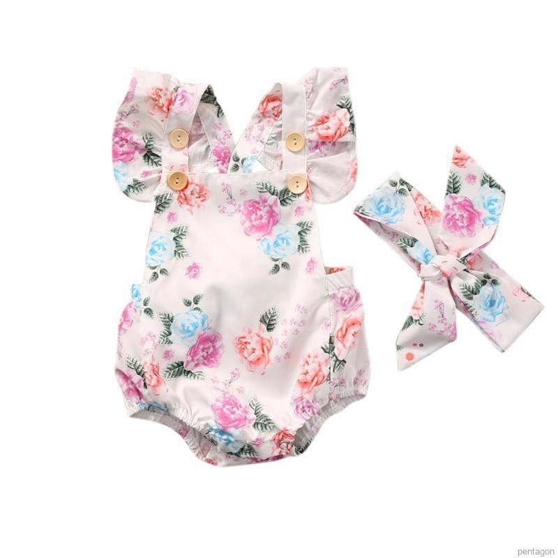 Set quần yếm + băng đô in hoa dễ thương cho bé gái sơ sinh