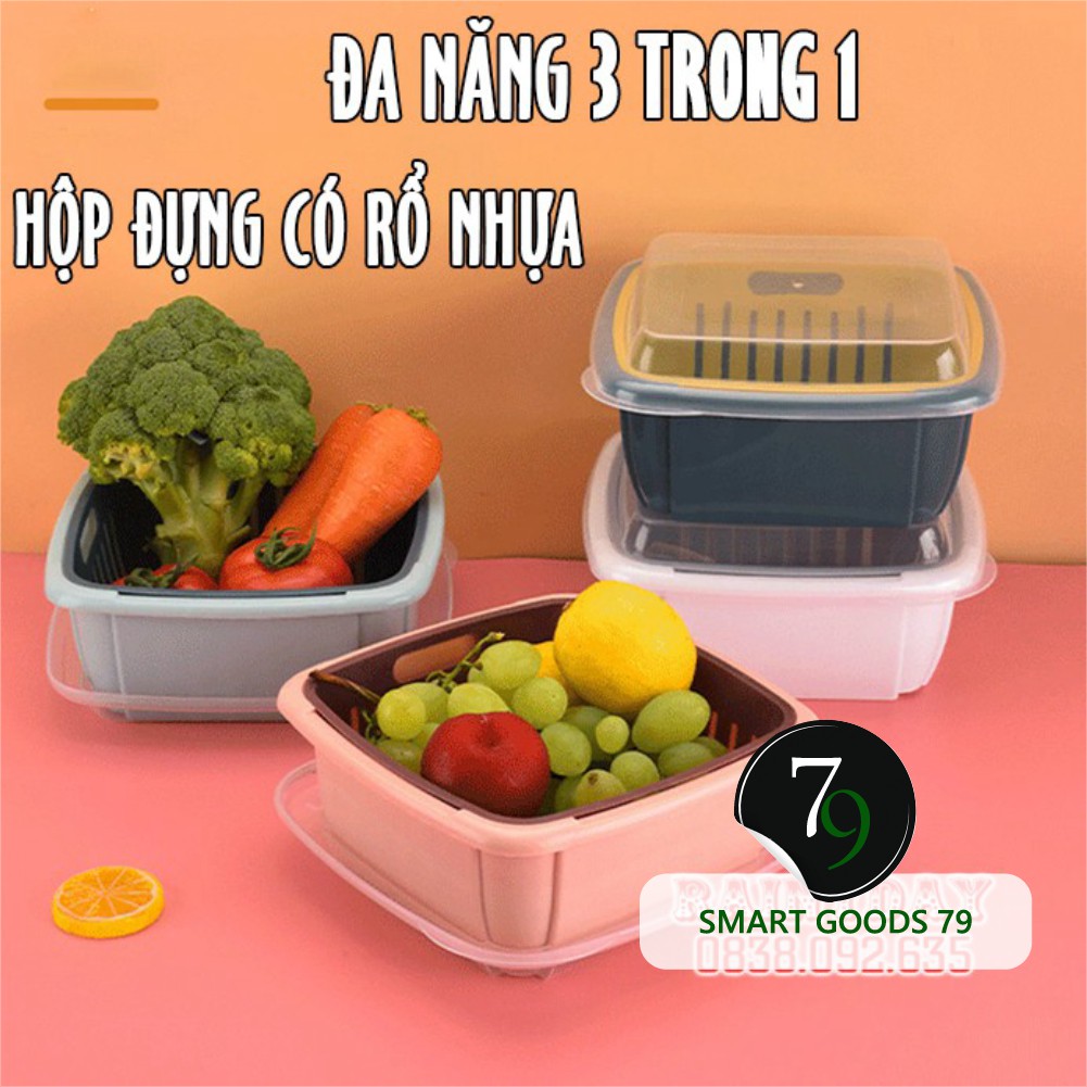 [Freeship hàng cao cấp 210] Hộp đựng thực phẩm có rổ nhựa và nắp đậy đa năng khay chậu vuông 2 lớp 3 trong 1 để đồ rau c