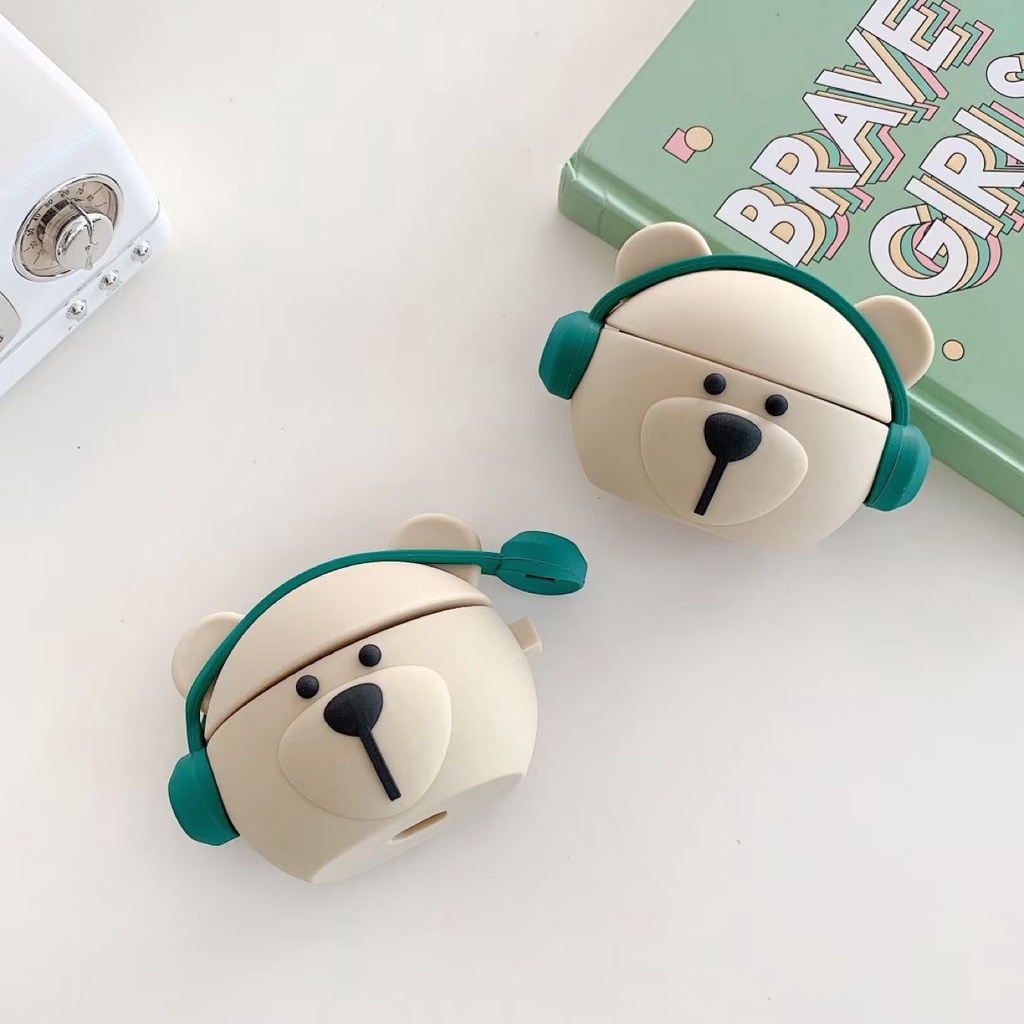 Ốp airpods pro gen 2 bản mới nhất, airpods 3, pro và ap1/2  gấu tai nghe xanh - Tặng kèm móc sắt