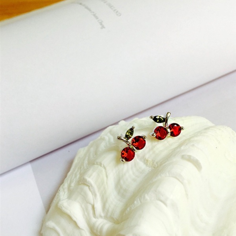Hoa tai thời trang nữ phong cách Hàn Quốc Hoa tai đính kim cương đỏ anh đào dễ thương