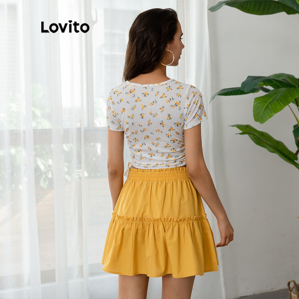 Áo Thun Croptop Lovito Rút Dây In Hoa Thời Trang Thường Ngày L03109 (Màu Trắng) | BigBuy360 - bigbuy360.vn