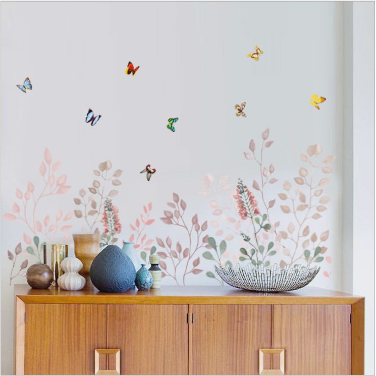 Decal dán tường trang trí chân tường -  BƯỚM NGŨ SẴC CÙNG HOA CỎ MÙA XUÂN