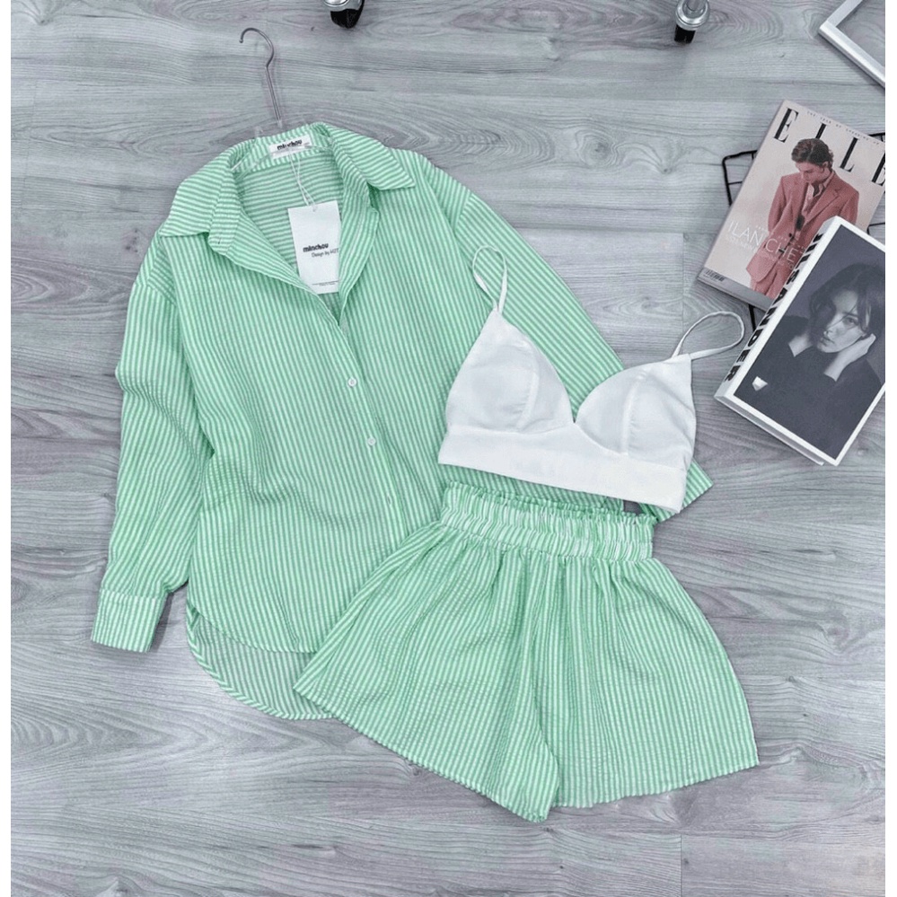 Sét Bộ 3 Món Sọc Dọc Chất Kate Xốp Nhẹ Mát Mặc Đẹp Phù Hợp Đi Chơi, Mặc Nhà Dáng Xinh [NEW UNISEX]