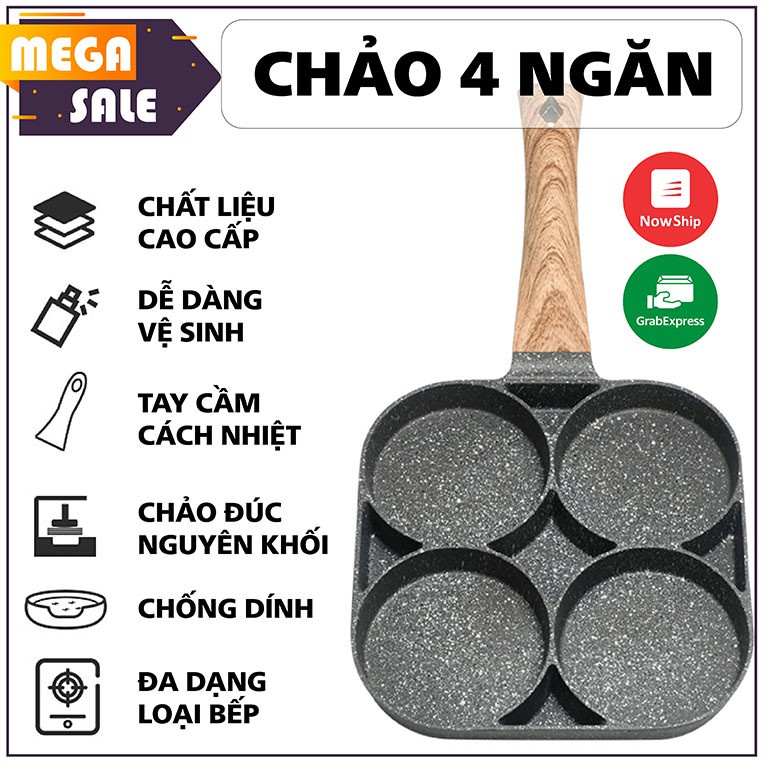 Chảo 4 Ngăn Chống Dính Cao Cấp , chiên trứng, làm bánh  4 trong 1,  tay cầm bằng Cán Gỗ Sang Trọng