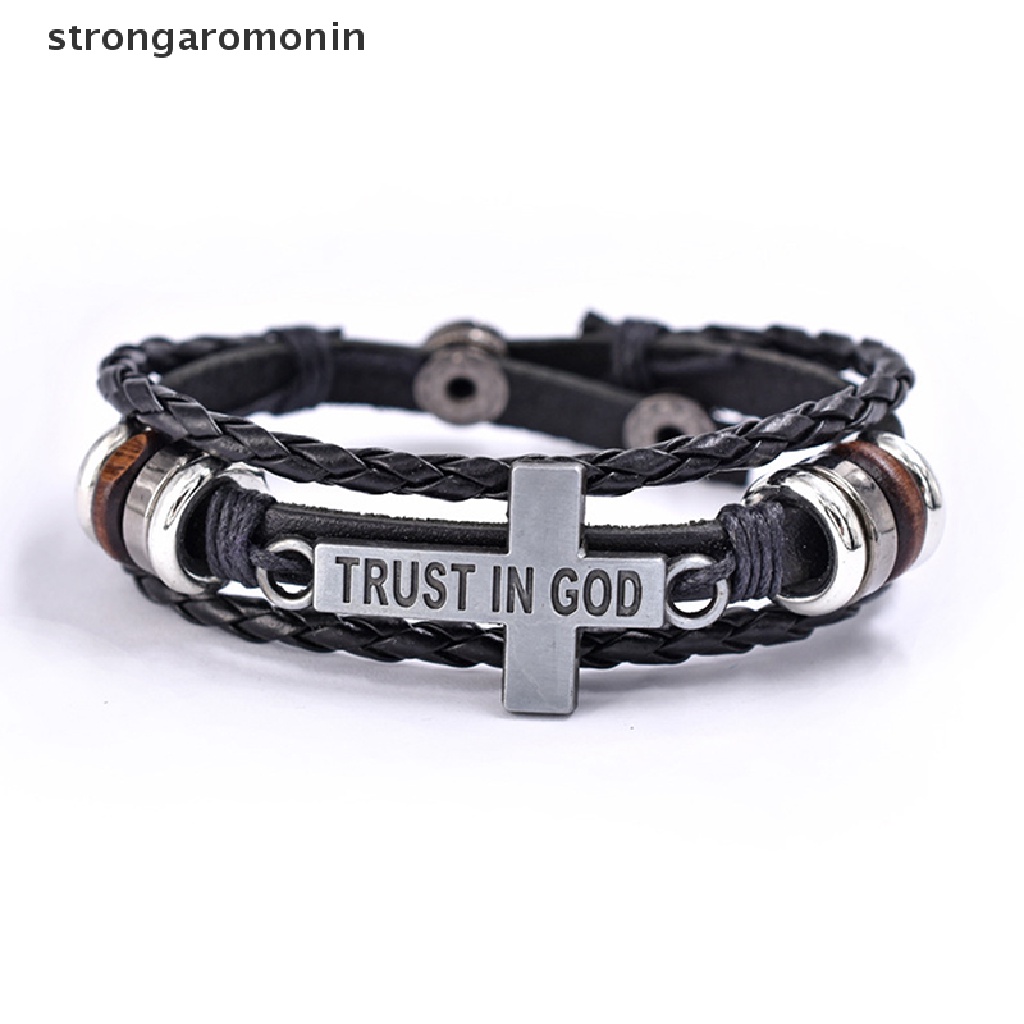 Bộ 3 vòng tay da mặt chữ thập khắc chữ TRUST IN GOD thời trang cho nam nữ