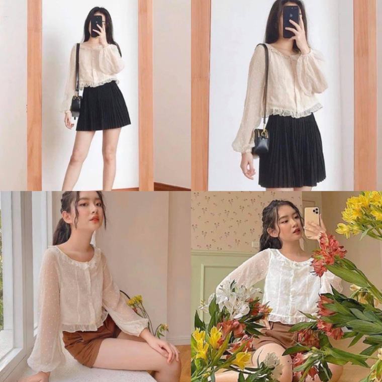 Áo Kiểu POPPY CROPTOP tay dài chất vải liệu voan mềm mại thêu hạt nổi form chuẩn basic Đẹp