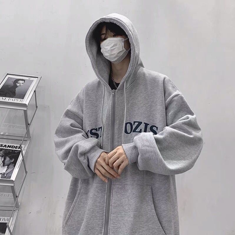 Áo khoác hoodie dáng rộng phối khóa kéo in họa tiết cá tính dễ phối đồ tùy chọn màu sắc cho nam