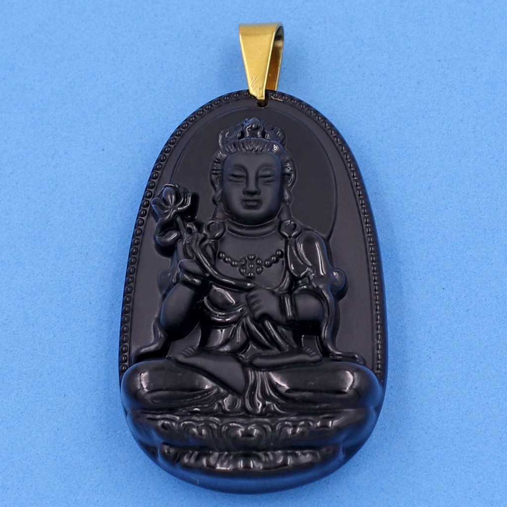 Mặt dây chuyền Đại Thế Chí Bồ Tát đá tự nhiên đen 5cm - Phật bản mệnh tuổi Ngọ - Mặt size lớn - Tặng kèm móc inox