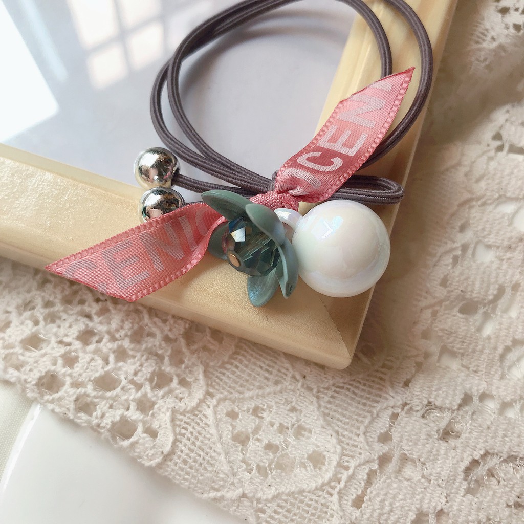 [XẢ LỖ MÙA DỊCH] Buộc tóc ruy băng chữ phối hạt giả ngọc trai và hoa pha đính hạt pha lê Hàn Quốc xinh xắn