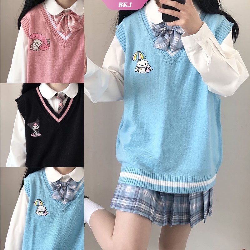 Áo Ghi Lê Dệt Kim Cổ Chữ V Thêu Họa Tiết Kuromi Hoạt Hình Cinnamoroll My Melody Jk Dễ Thương Thời Trang Mùa Hè Cho Nữ