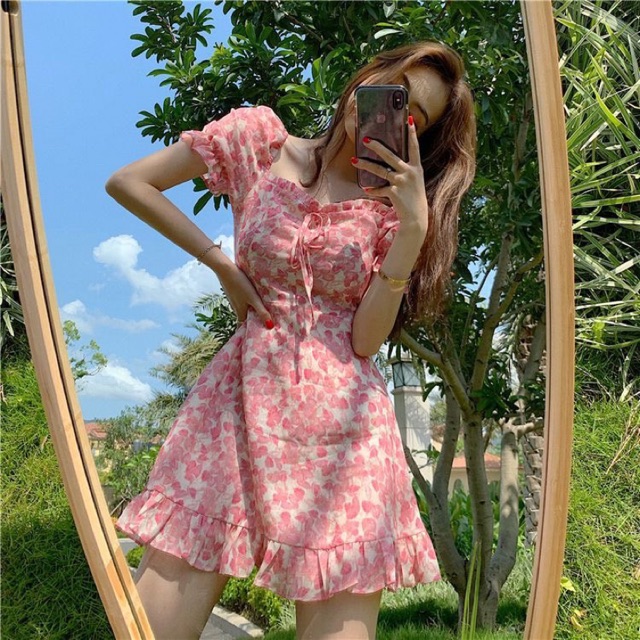 VÁY HOA HỒNG CỔ XẾP