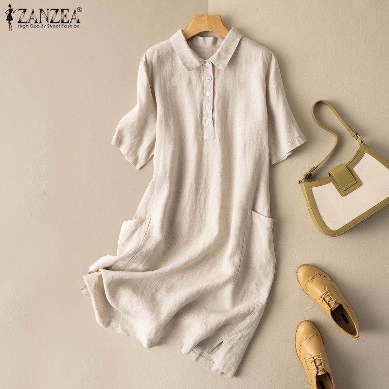 Đầm midi Zanzea tay ngắn cổ bẻ có túi bên dáng rộng sành điệu cho nữ