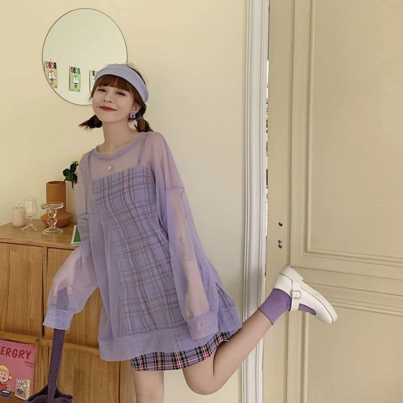 💖💖💖 SET ÁO REN TÍM TRƠN MIX VÁY 2 DÂY CARO CỰC HOT TREND 💖💖💖