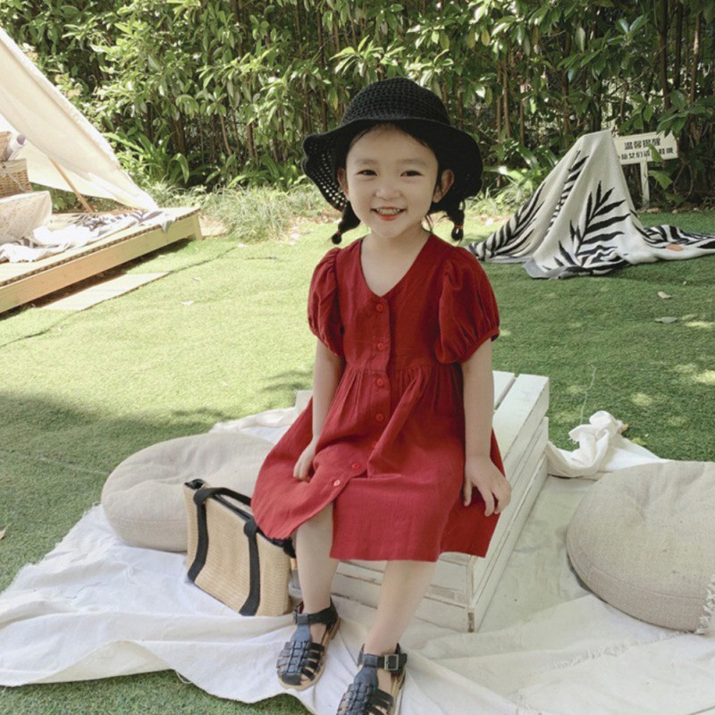 Đầm Cotton Tay Phồng Màu Trơn Cho Bé Gái