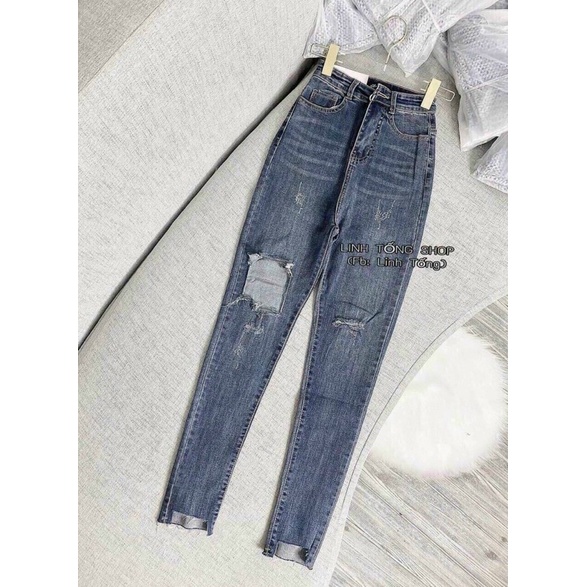 QUẦN JEAN DÀI RÁCH GỐI 1 BÊN SIÊU CAO