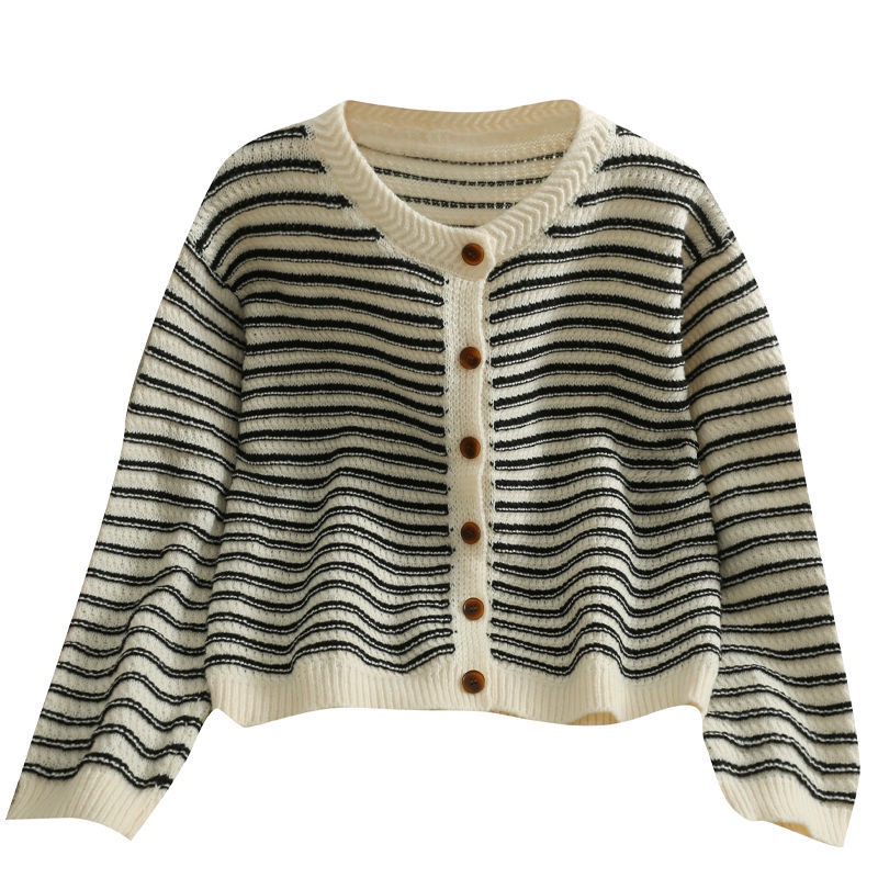 Áo Khoác Sweater Dệt Kim Mỏng Một Hàng Nút Cài Cổ Tròn Tay Dài Kẻ Sọc Thời Trang Mùa Thu Mới Cho Nữ