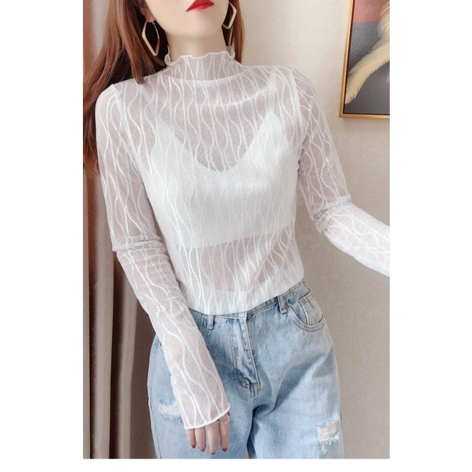 Áo Thun Nữ Tay Dài Phối Ren Xuyên Thấu