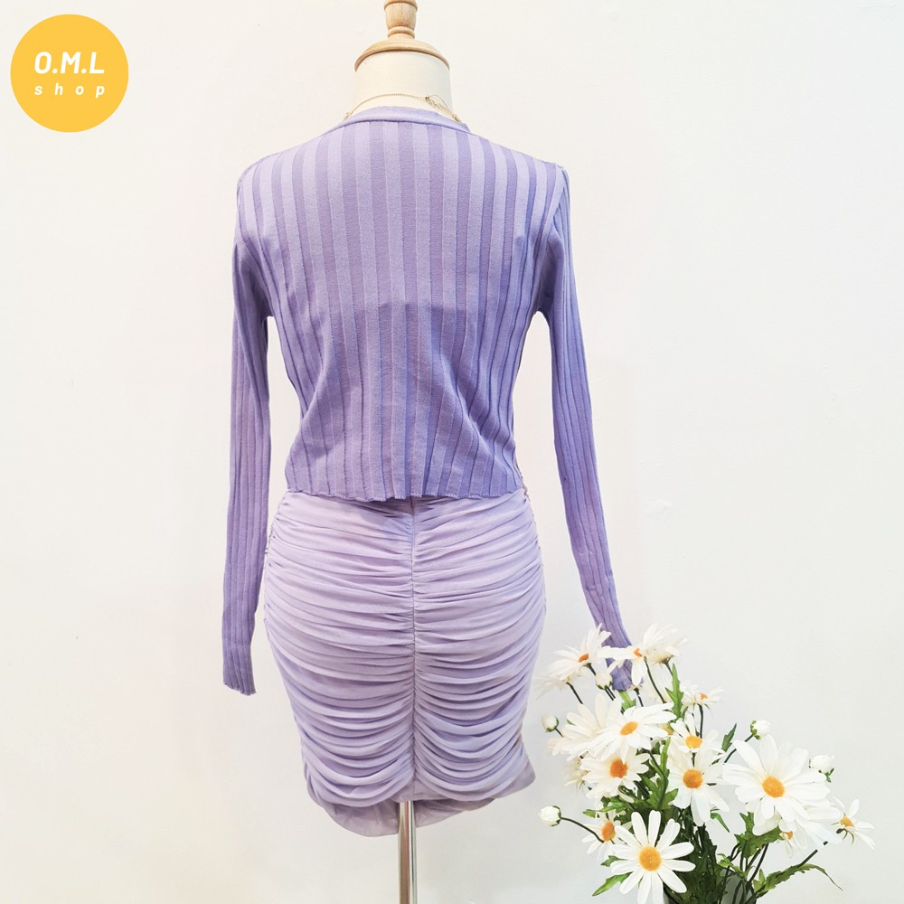 Set đầm 2 dây body lưới tím phối áo khoác lửng cardigan tím siu xinh