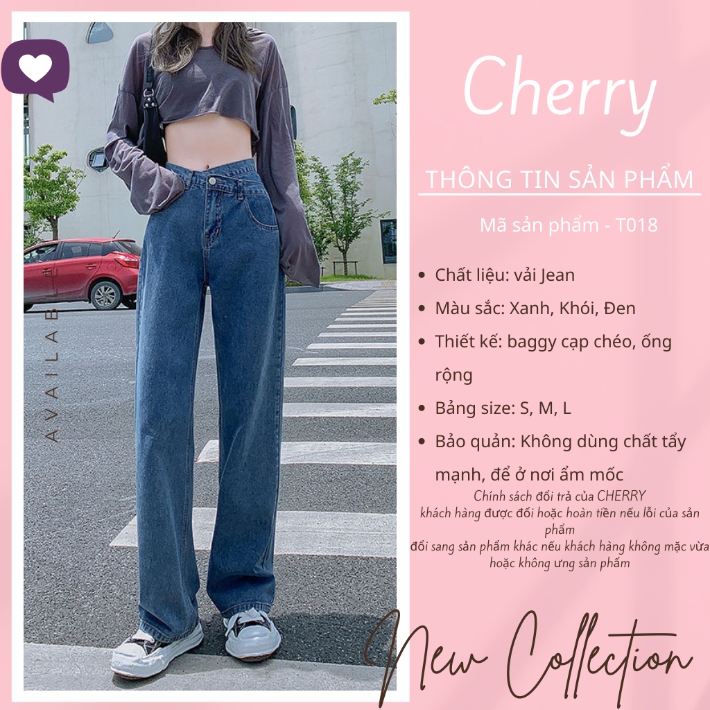 Quần jean nữ lưng cao ống rộng cạp chéo dáng suông CHERRY, quần bò nữ ống đứng ulzzang vải bò dày đẹp không giãn T018