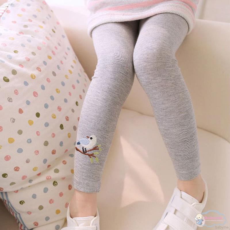 Quần Legging Cotton Màu Trơn Thêu Hình Chim Thời Trang Hàn Quốc Cho Bé Gái