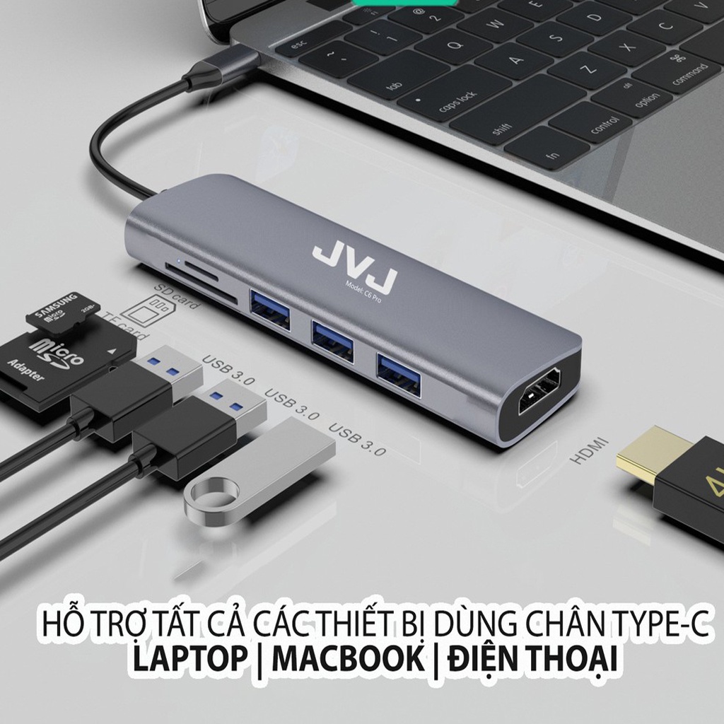 Hub type C Macbook laptop C6 JVJ 6 trong 1, chia cổng USB 3.0 tốc độ 500Mb/s SD, TF, 4K,HDMI, vỏ kim loại