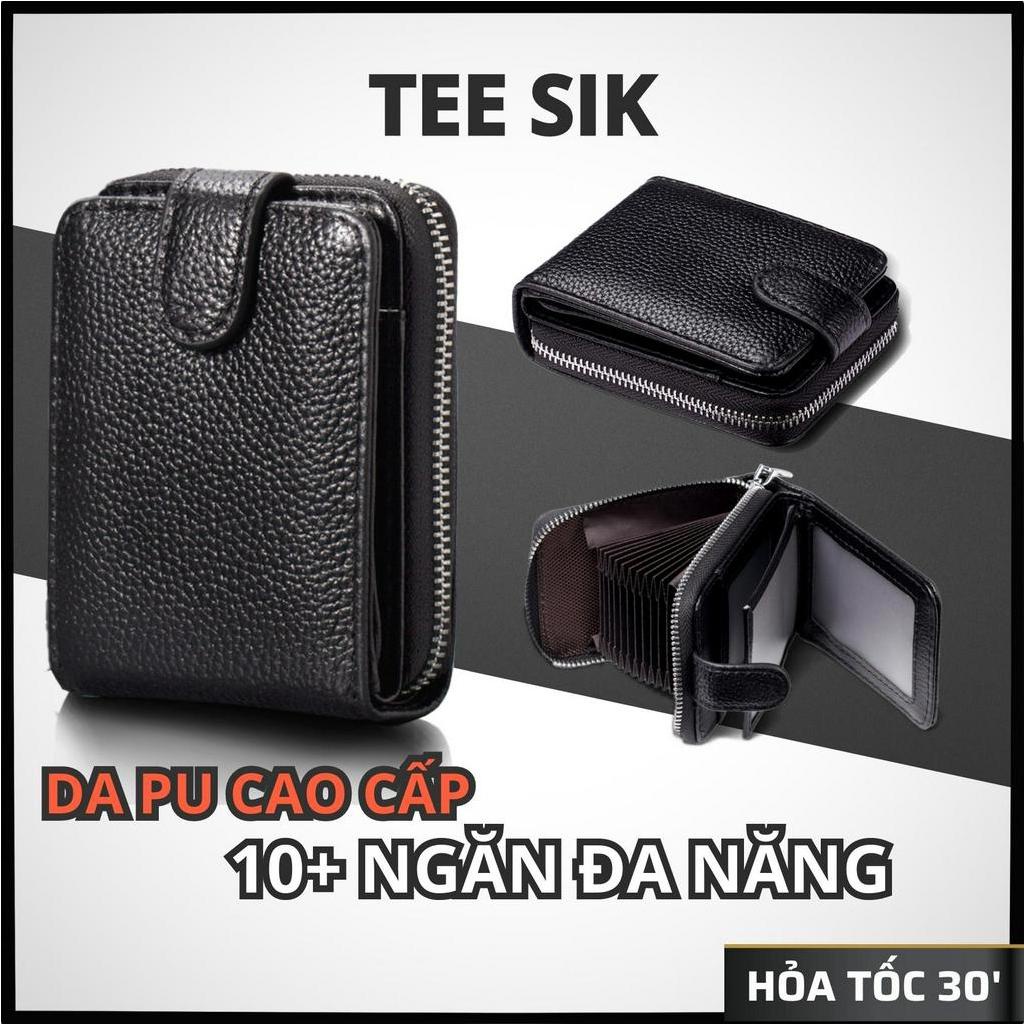 Ví đựng tiền nam da BÒ thật TEE SIK ví cầm tay đựng thẻ giấy tờ nhỏ gọn có khóa kéo dày dặn nhiều ngăn V06