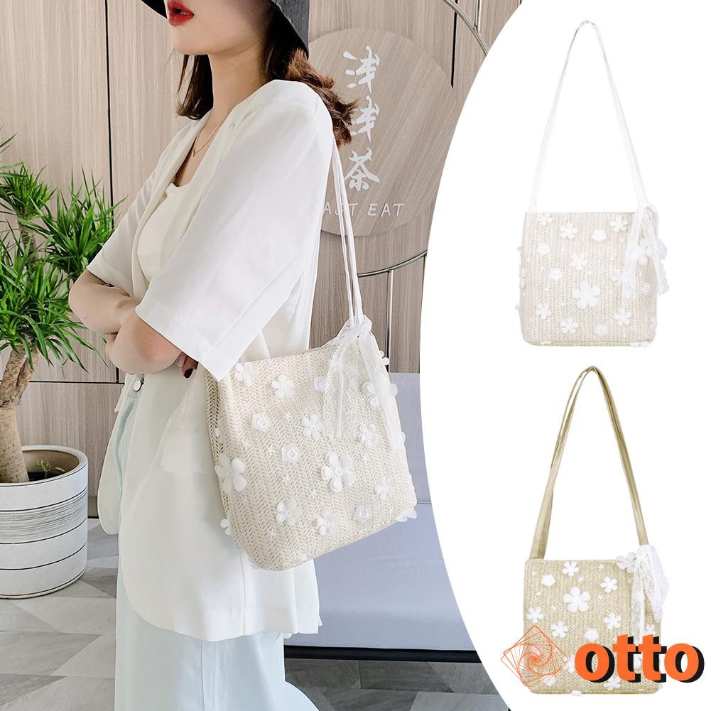 Women Straw Totes Shoulder Bag Lace Flower Portable Elegant Beach Handbag