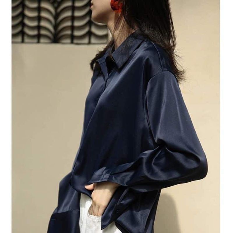 Áo sơ mi TAHARI lụa satin phi bóng tay dài màu trơn xám, xanh navy