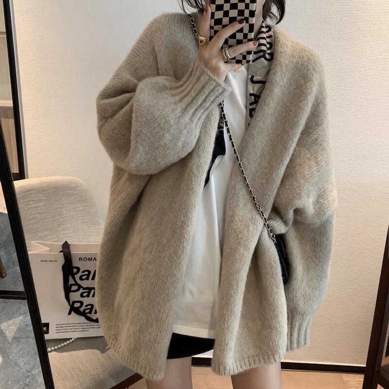 Áo Khoác Cardigan Dệt Kim Dáng Rộng Dài Qua Gối Màu Xám/ Nhạt Phiên Bản Hàn Quốc