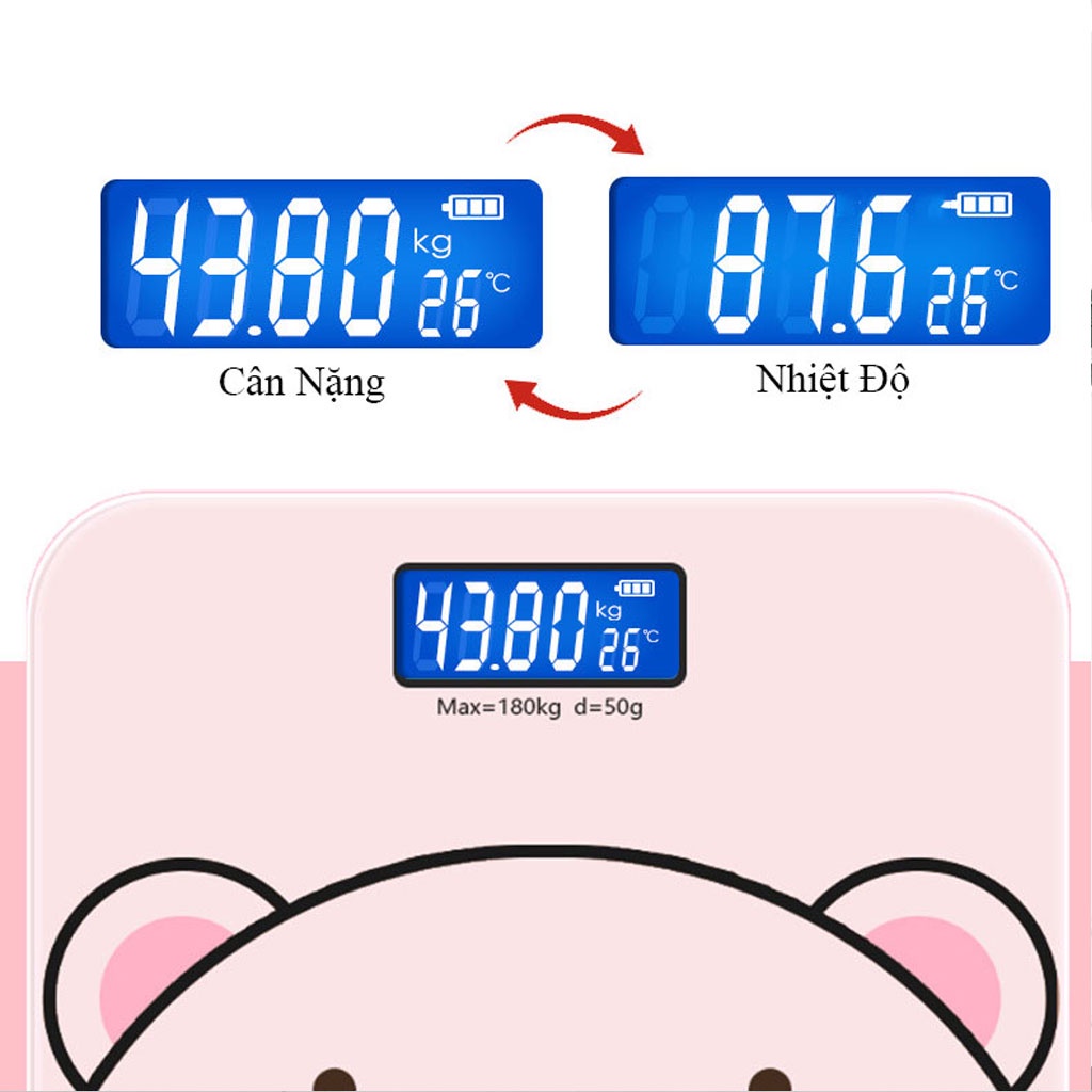 Cân Sức Khỏe Cân Điện Tử Heo Hồng Màn Hình Kĩ Thuật Số Nhìn Trong Đêm Chất Liệu Kính Cường Lực Cao Cấp Độ Chính Xác Cao