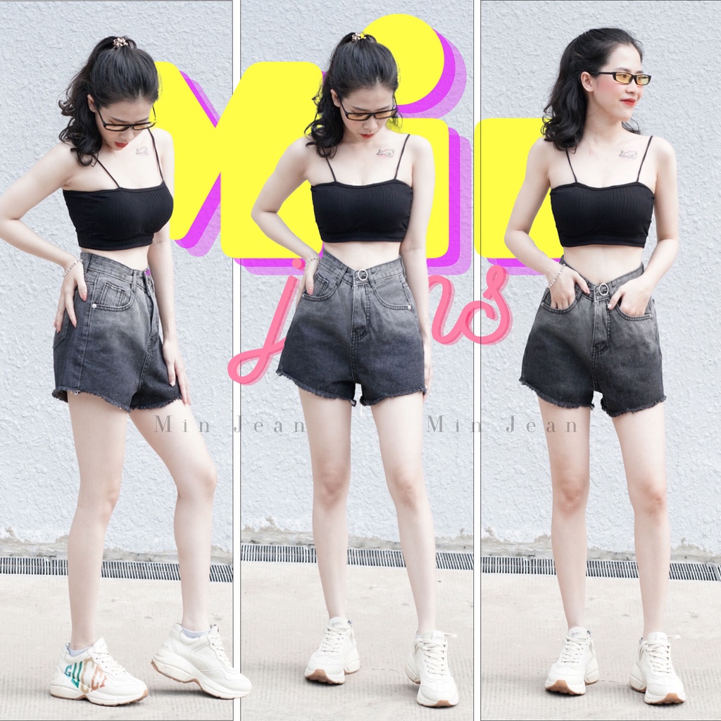Quần Short Jean Nữ Lưng Cao Ombre Dáng Chữ A MinJean MS022, Quần Sooc Bò Denim Loang Màu Siêu Hack Dáng