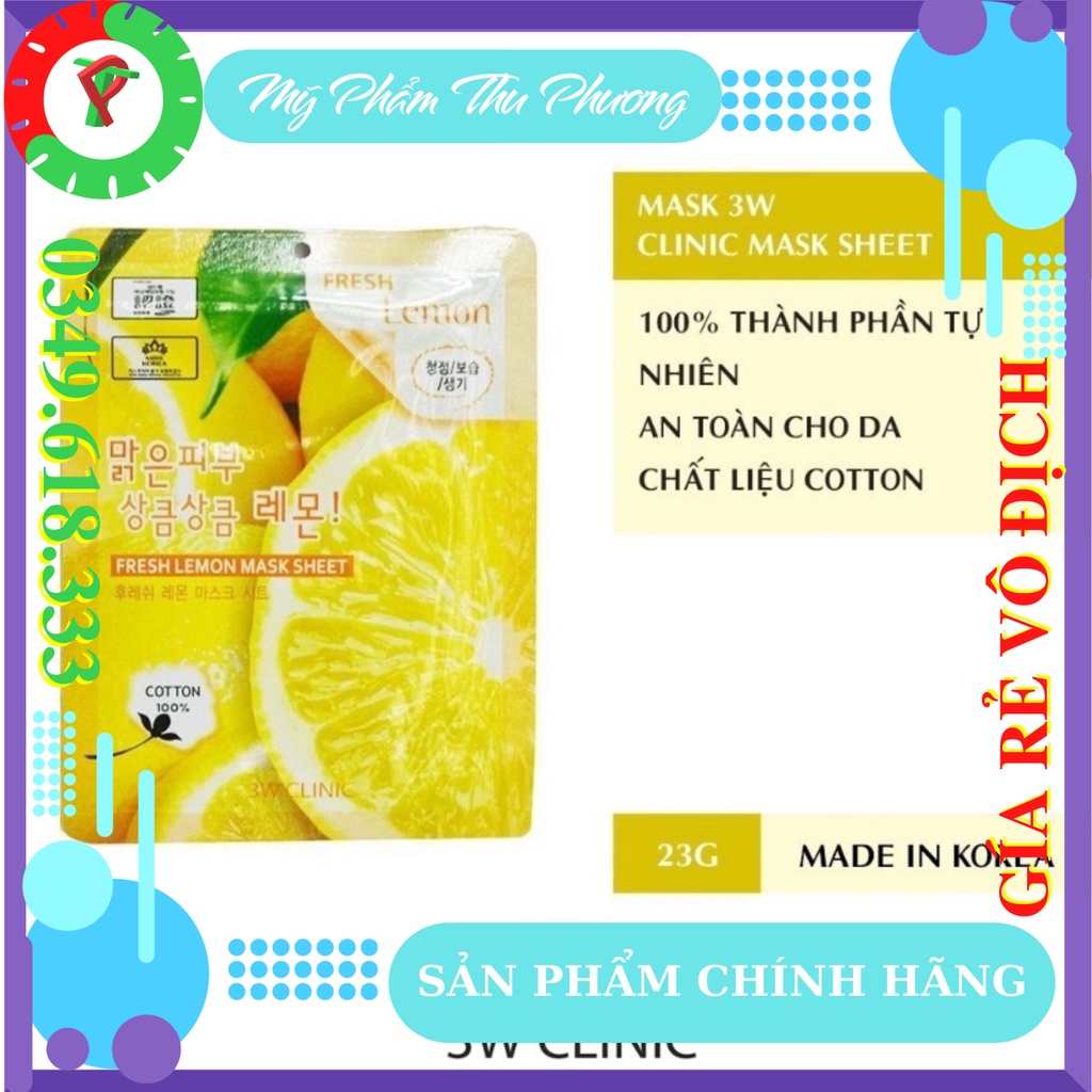 Mặt nạ Chanh Mỹ phẩm chăm sóc dưỡng da thiên nhiên Hàn Quốc chính hãng 3W Clinic Fresh Lemon Mask Sheet