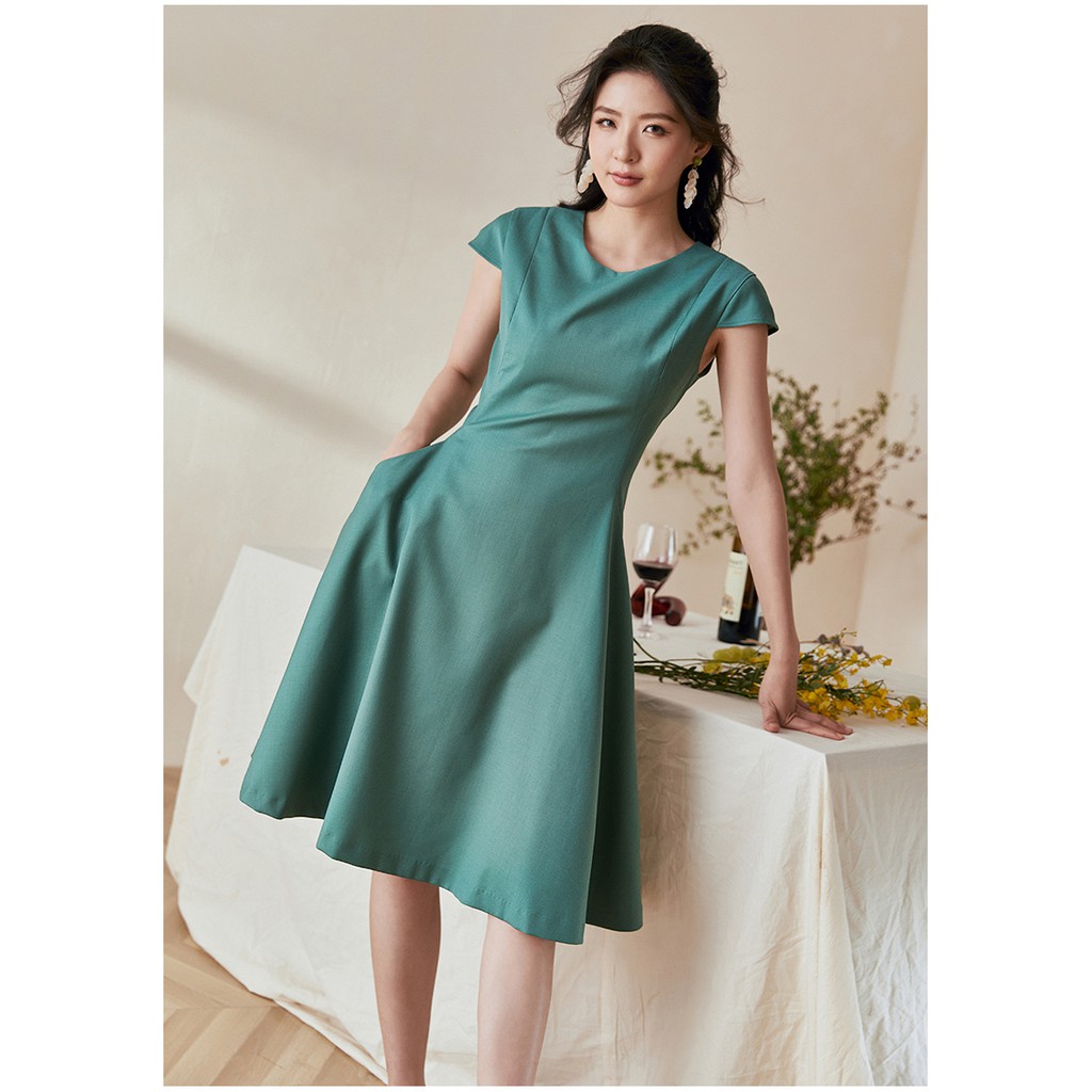 Đầm xòe cổ tròn tay ngắn màu xanh công sở không túi