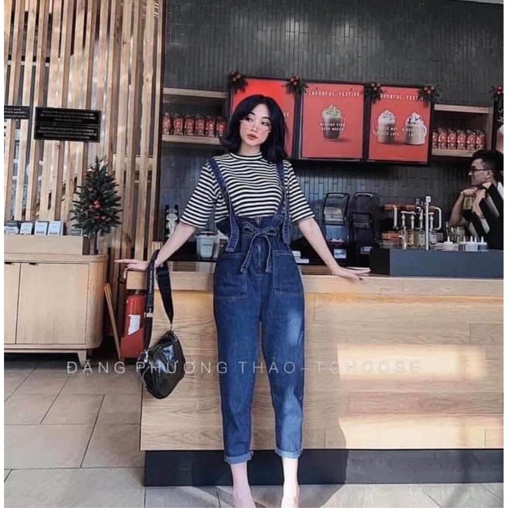 Quần Yếm bò thắt đai nơ, Quần Yếm jeans xanh thắt đai hàng VNXK