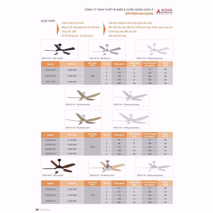 Quạt trần 5 cánh Asia QT05 - hàng chính hãng