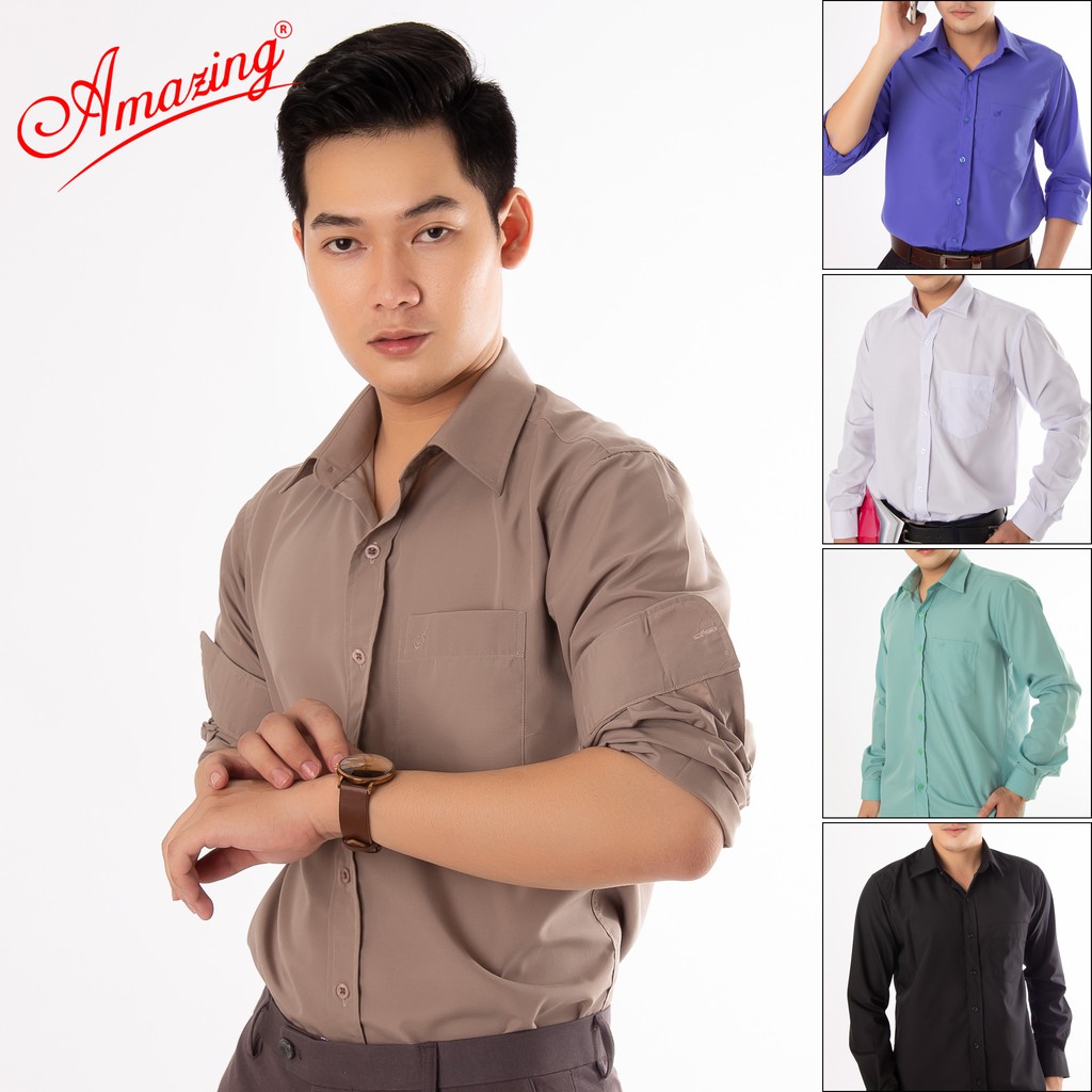 Sơ mi trơn Amazing, size từ 55 tới100kg, đa dạng sắc màu nam tính, áo somi vạt bầu, thân suông, tay dài, form dáng chuẩn