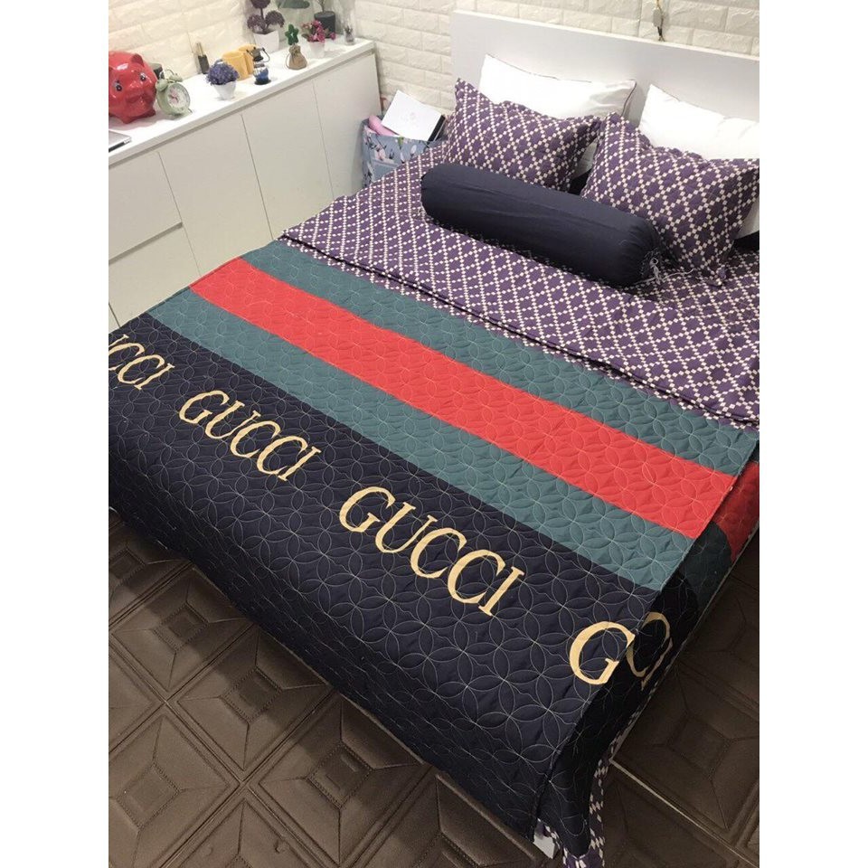 [Sales 50%] bộ 5 món chăn hè ga gối + ôm chất cotton poly kẻ gucci