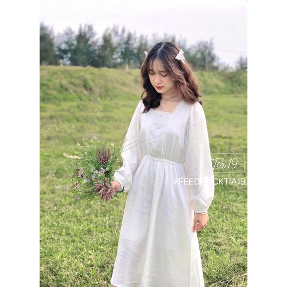 Váy trắng vintage cổ ren dài tay Tia19. Đầm công chúa trắng ulzzang dáng dài