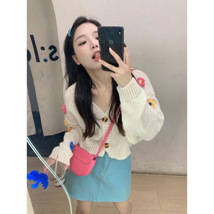 DUNEA Áo Khoác Cardigan Dệt Kim Cổ Chữ V In Họa Tiết Hoa Phong Cách Hàn Quốc DUNEA0901