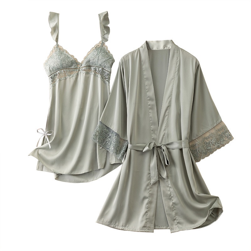 Bộ Đồ Ngủ Vải Lụa Mỏng Phối Ren Có Miếng Đệm Ngực Thời Trang Mùa Hè Quyến Rũ Cho Nữ