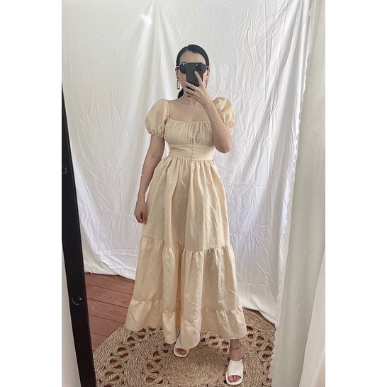Đầm Maxi dài tay phồng nhún ngực vải Linen cao cấp