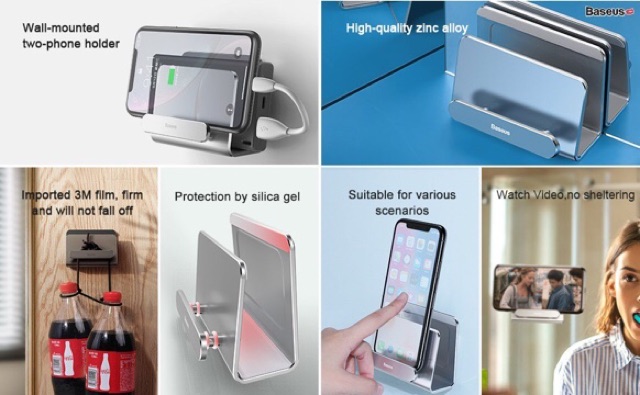 Bộ đế giữ điện thoại dán tường Baseus Wall Mounted Metal Holder (Aluminum Alloy, Two-phone Holder Stand)