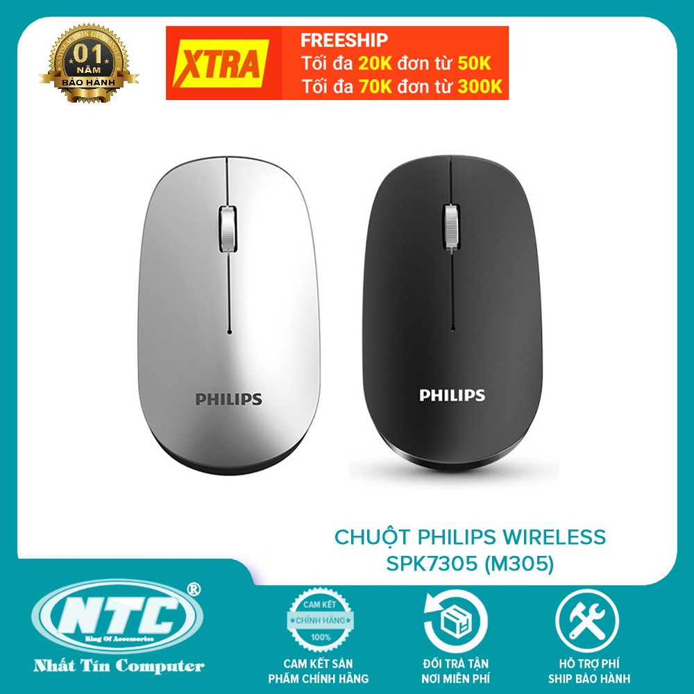 Chuột không dây wireless Philips SPK7305 (M305) - phiên bản silent click không âm thanh (2 màu tùy chọn)