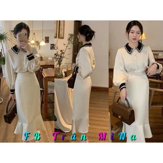 Set đồ nữ Hàn Quốc áo crop trắng cổ sơ mi đen phối chân váy midi đuôi cá