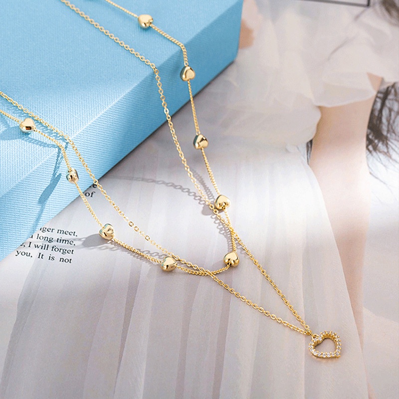 Women Gold Color Double Layer Alloy Heart Zircon Pendant Necklace