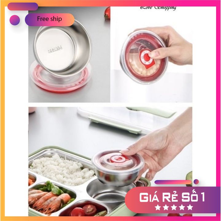 Hộp cơm 5 ngăn inox 304 Có Nắp Đậy tặng kèm bộ muỗng đũa inox siêu tiện lợi | BigBuy360 - bigbuy360.vn