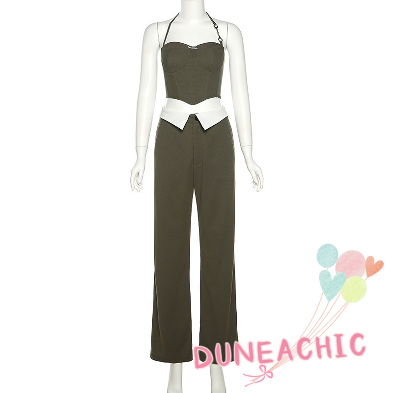 DUNEA Set đồ gồm áo 2 dây lửng và quần dài ống rộng lưng cao thời trang dành cho nữ