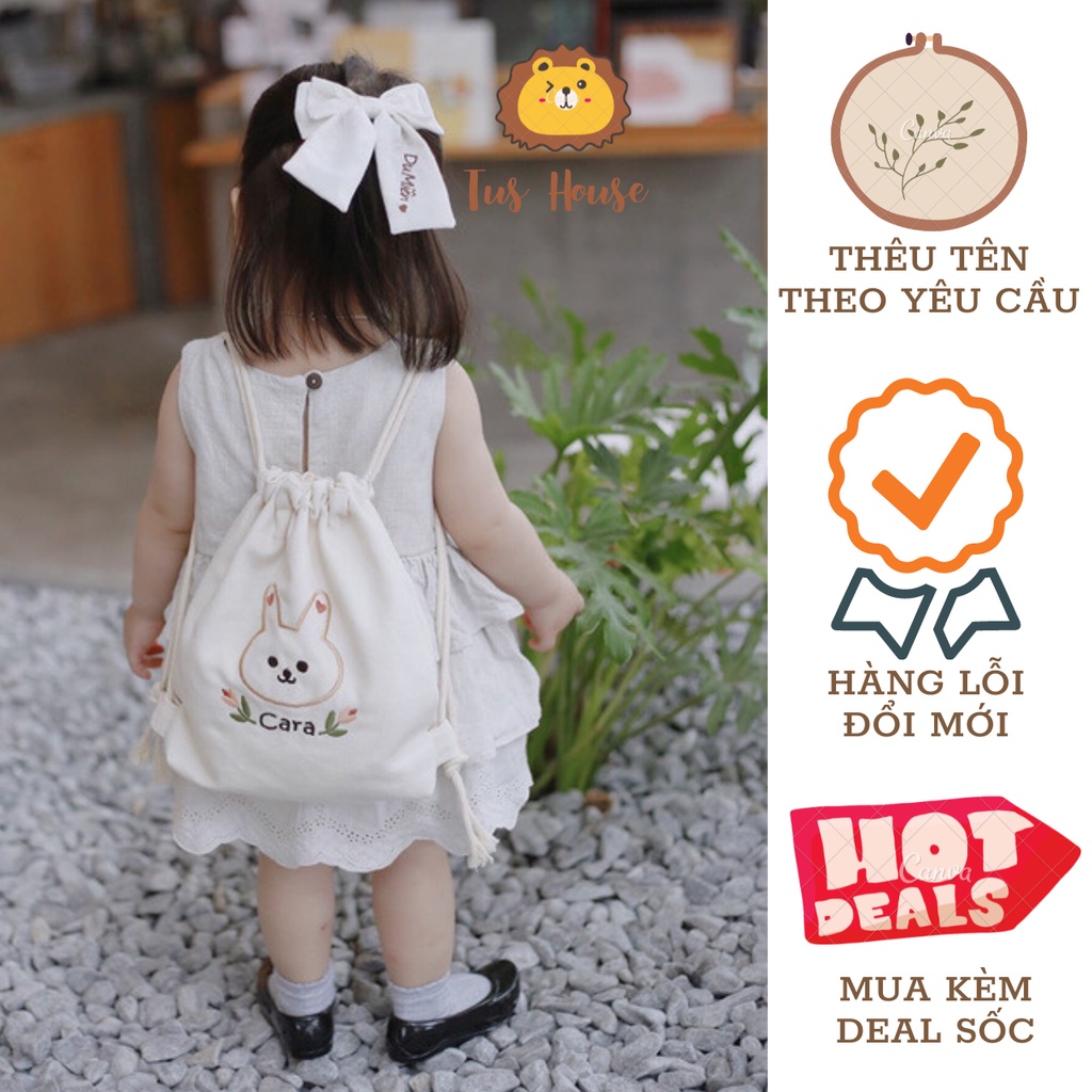 Balo Mini - Balo Cho Bé Đi Học Dây Rút Chất liệu Canvas loại 1 Màu Trắng Kem Cho Bé Trai Bé Gái Thêu Tên Bé Theo Yêu Cầu